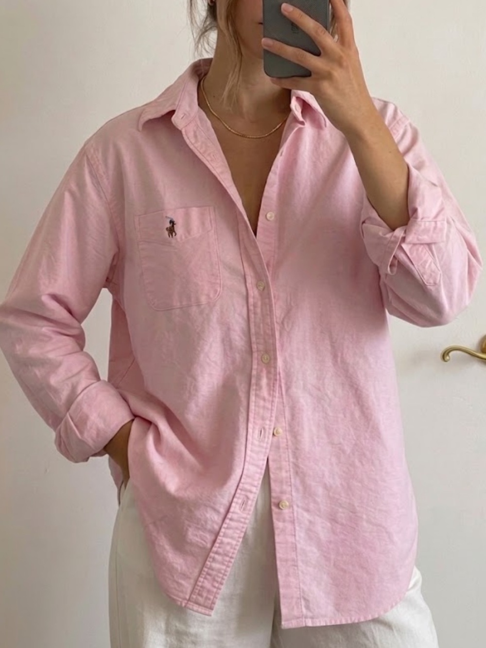 Ralph Lauren Pink Oversized Button Up Shirt Size Large Cotton Down Top Women’s